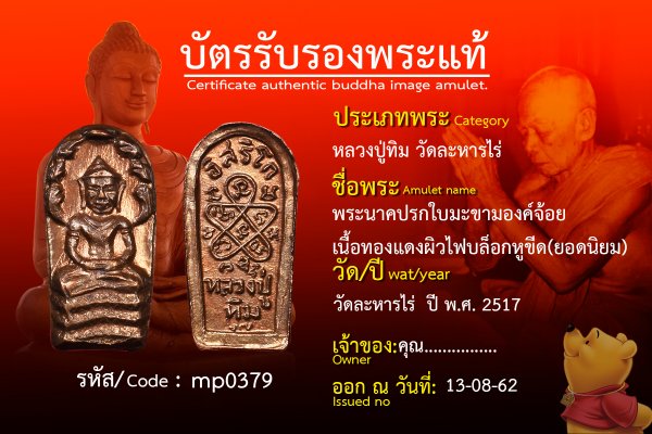 พระนาคปรกใบมะขามองค์จ้อย  เนื้อทองแดงผิวไฟบล็อกหูขีด(ยอดนิยม)