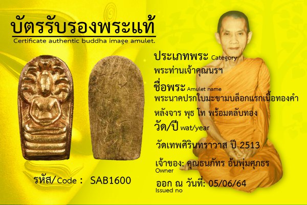 พระนาคปรกใบมะขาม บล็อกแรก เนื้อทองคำ หลังจาร พุธ โท พร้อมตลับทอง