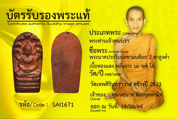 พระนาคปรกใบมะขาม บล็อก ๒ ตาสูงต่ำ เนื้อทองแดง หลังจาร นะ พุท โธ