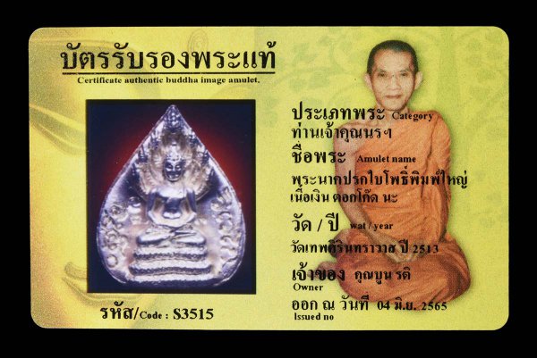 พระนาคปรกใบโพธิ์พิมพ์ใหญ่ เนื้อเงิน ตอกโค๊ด นะ