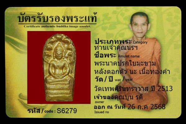 พระนาคปรกใบมะขาม หลังตอกตัว นะ เนื้อทองคำ